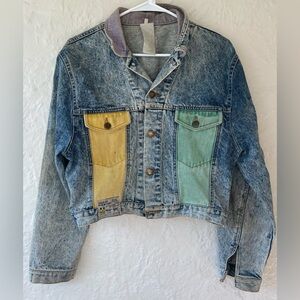 Rare vintage NAF NAF color block cropped denim jacket, yellow, green, purple; 1